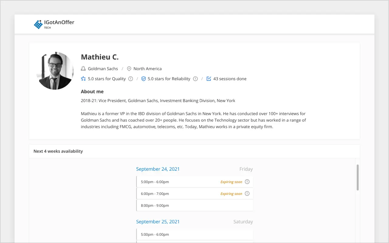 Screenshot of interview coach's profile page showing availability and experience